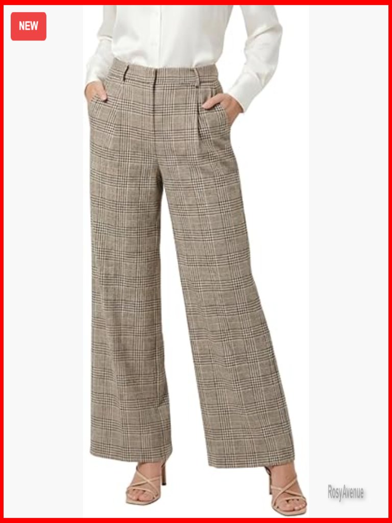 Wide Leg High Waisted Plaid Dress Pants Stretchy Knit Office Work Slacks